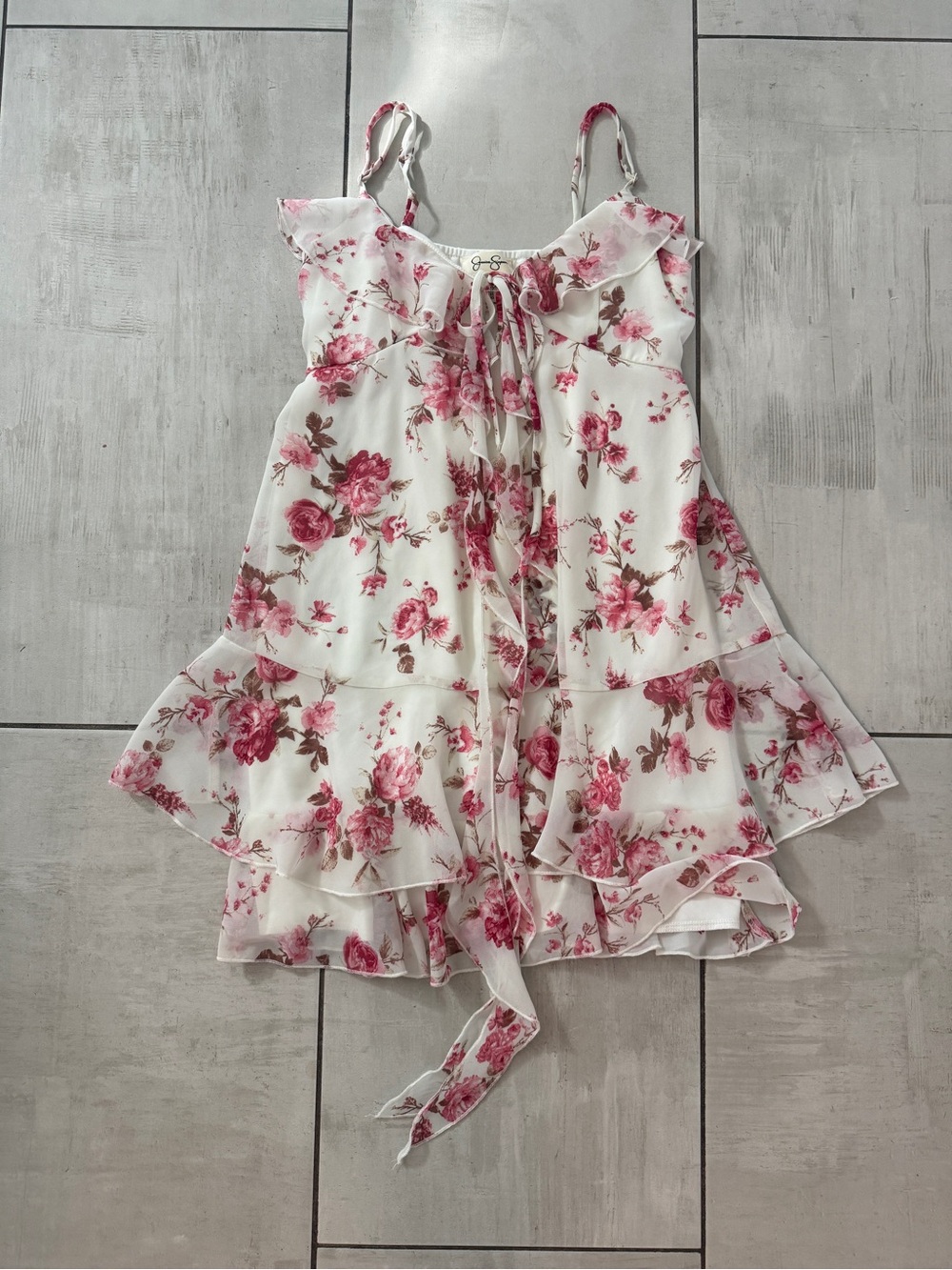Jessica Simpson White Floral Ruffle Sundress with Pink Roses- size XS